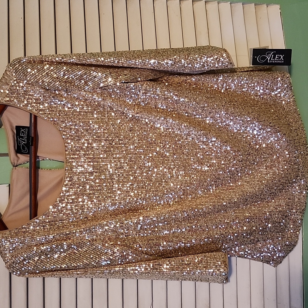 Alex Evenings Sparkling Gold Sequin Blouse With 3/4 Sleeve And 1 Eye Hook Clasp